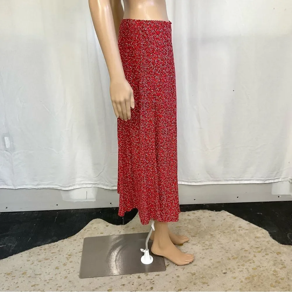 Max Studio red ditsy floral print buttons front boho cottage core maxi skirt S